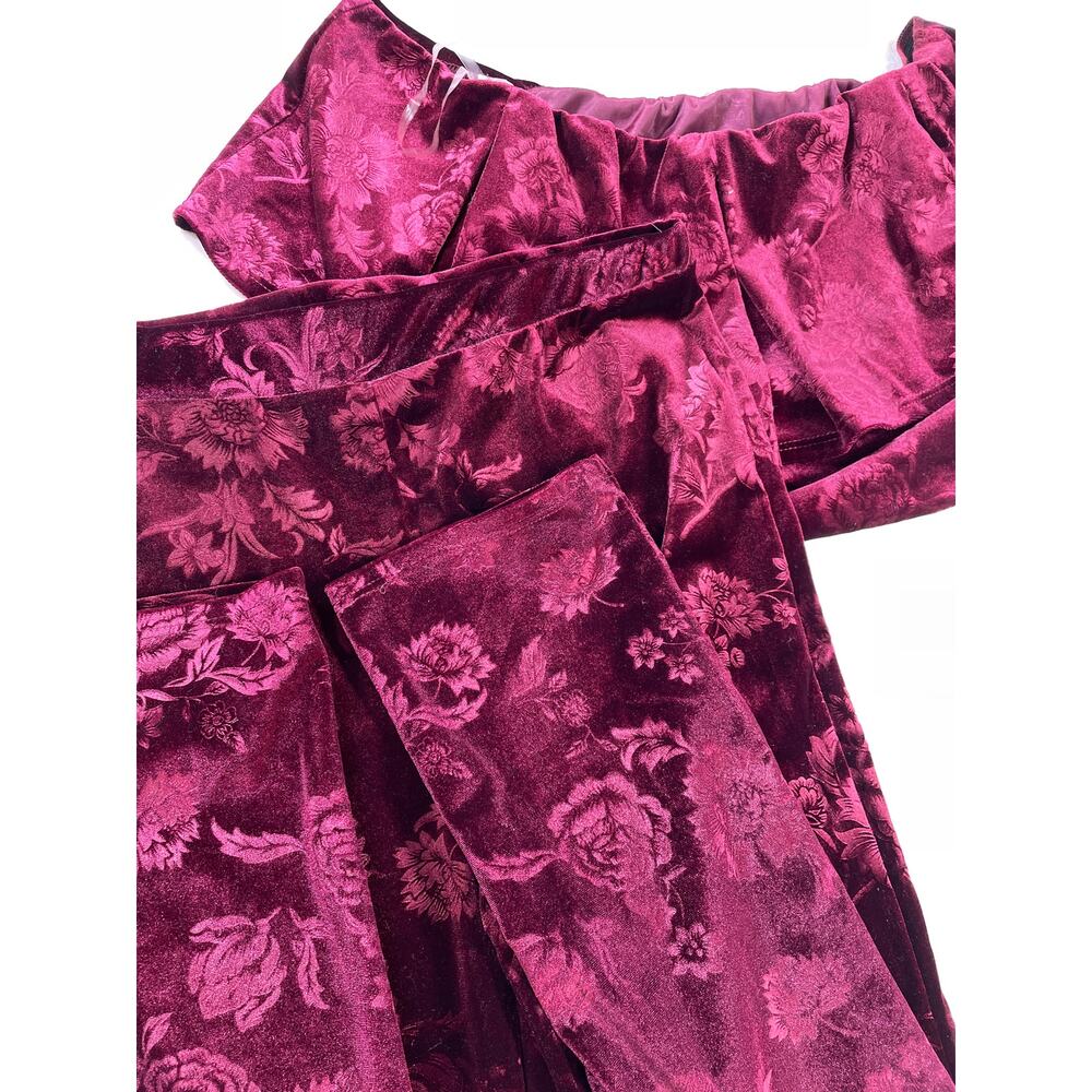 Vintage Womans Dead Stock Y2k Wine Velour Off the Shoulder Crop Top Pant Set L - Picture 14 of 16